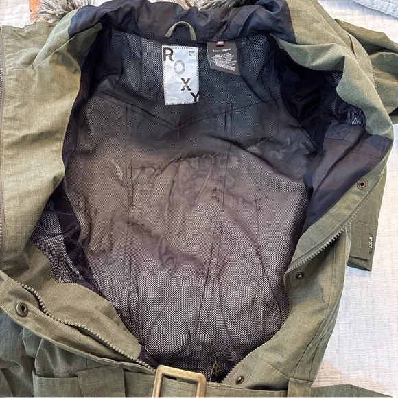 Roxy Snow Jumpsuit Snow Suit Olive Green Women’s XS Fur Lined Collar Y2K - Picture 7 of 15